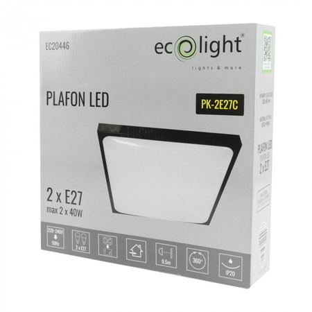 Plafon LED Lampa Sufitowa Natynkowa 2x E27 Czarna Kwadratowa Ecolight