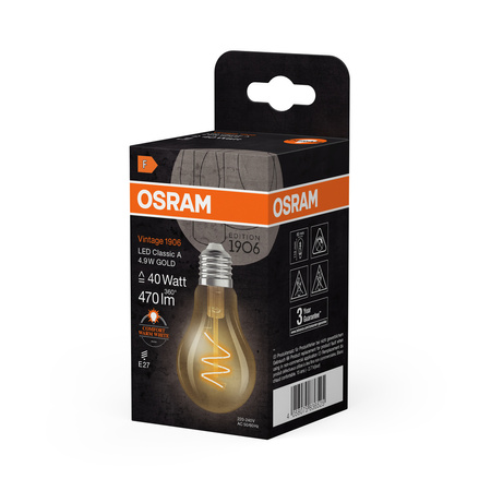 Żarówka LED Dekoracyjna A60 E27 4.9W = 40W 470lm 2200K Ciepła CRI90 300° Vintage 1906 Osram