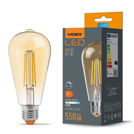 Żarówka LED E27 ST64 Edison 6W = 44W 550lm 2200K Ciepła 360° FILAMENT Bursztynowa Ściemnialna Videx