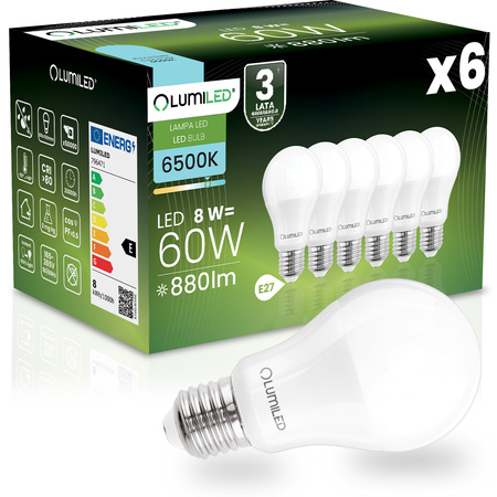 6x Żarówka LED E27 A60 8W = 60W 880lm 6500K Zimna 260° LUMILED