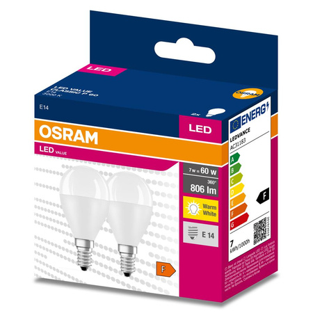 2x Żarówka LED P45 Kulka E14 6.5W = 60W 806lm 3000K Ciepła 180° VALUE CLASSIC Osram