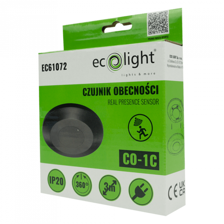 Czujnik Ruchu i Zmierzchu Czujnik Obecności PIR Natynkowy Sufitowy Czarny 3m 360° CO Ecolight