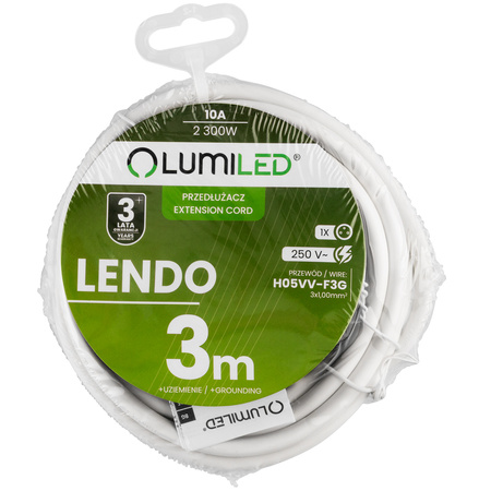 Przedłużacz Sieciowy Kabel z Uziemieniem Listwa Zasilająca 1 Gniazdo 3m Biały Sznur Lendo Lumiled