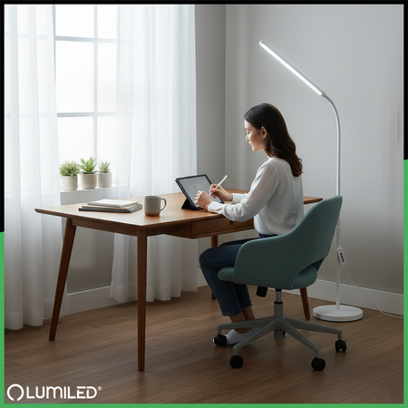 Lampa Stojąca Podłogowa Stołowa LED 14W CCT Ściemnialna z Regulacją Wysokości LONGA 2 Biała LUMILED