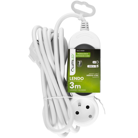 Przedłużacz Sieciowy Kabel z Uziemieniem Listwa Zasilająca 3 Gniazda 3m Biały Sznur Lendo Lumiled