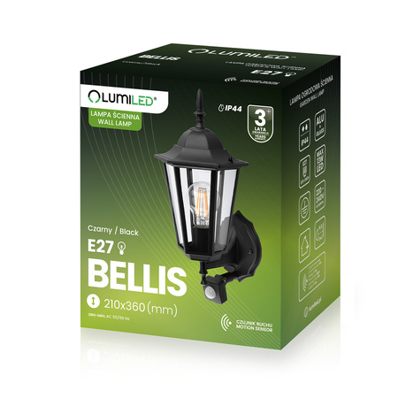 Lampa Ogrodowa Kinkiet Elewacyjny Zewnętrzny E27 LED Latarnia Czujnik Ruchu BELLIS Czarna LUMILED