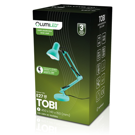 Lampka Biurkowa Kreślarska Stołowa E27 TOBI Miętowa Lumiled + uchwyt na blat