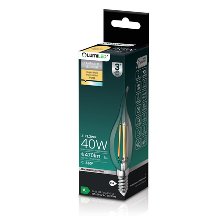 Żarówka LED E14 Świeczka BA35 2,2W 470lm = 40W 2700K Ciepła 360° Filament KLASA A LUMILED
