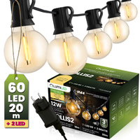 Girlanda Ogrodowa Zewnętrzna Łańcuch Świetlny 20m 60x LED + 2 Żarówki 12W Ciepła 2700K DOLLIS2 LUMILED