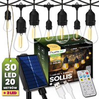 Girlanda Solarna Ogrodowa 30x LED Ozdobne Żarówki 20m + PILOT IP65 2700K Ciepła SOLLIS LUMILED