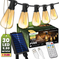 Girlanda Solarna Ogrodowa 30x LED Ozdobne Żarówki 9,8m 2700K Ciepła + Pilot GRATIS PYRIS LUMILED