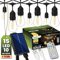 Girlanda Solarna Ogrodowa 15x LED Ozdobne Żarówki 10m + PILOT IP65 2700K Ciepła SOLLIS LUMILED