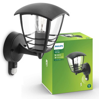 Kinkiet Ogrodowy Lampa Elewacyjna Zewnętrzna LATARNIA E27 IP44 z Czujnikiem Ruchu i Zmierzchu Czarna Creek Philips
