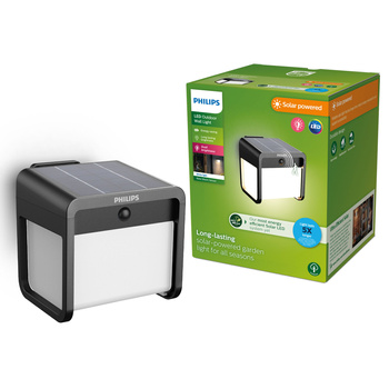 Kinkiet Ogrodowy Lampa Solarna Elewacyjna Zewnętrzna LED 1.8W 250lm 3000K IP44 z Czujnikiem Ruchu i Zmierzchu Czarna Ezra Ultra Efficient Philips