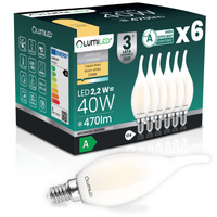 6x Żarówka LED E14 Świeczka BA35 2,2W 470lm = 40W 2700K Ciepła 360° Filament KLASA A LUMILED