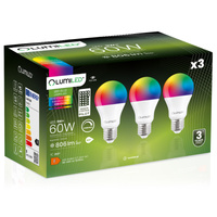 3x Żarówka LED E27 A60 9W = 60W 806lm 6500K + RGB Wielokolorowa 260° Ściemnialna Pilot LUMILED