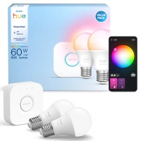 2x Żarówka LED E27 A60 8W = 60W 806lm 2200-6500K CCT + RGB SMART Inteligentna Bluetooth ZigBee White and Color Ambiance + Mostek Bridge Zestaw Startowy Philips HUE Essential