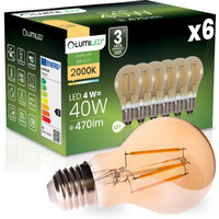 6x Żarówka LED E27 A60 4W 470LM = 40W 2000K Ciepła 360° Filament Amber LUMILED