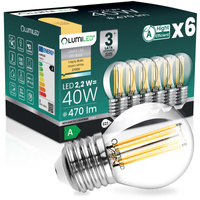 6x Żarówka LED E27 Kulka P45 2,2W 470lm = 40W 2700K Ciepła 360° Filament KLASA A LUMILED