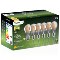 6x Żarówka LED E27 A60 6W = 50W 660lm 2200K Ciepła 360° DYMIONA FILAMENT LUMILED
