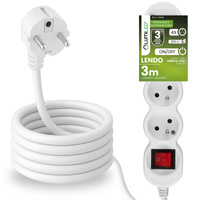 Przedłużacz Sieciowy Kabel z Uziemieniem Listwa Zasilająca 4 Gniazda 3m Włącznik ON/OFF Biały Sznur Lendo Lumiled
