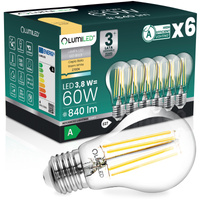 6x Żarówka LED E27 A60 3,8W 840lm = 60W 2700K Ciepła 360° Filament KLASA A LUMILED
