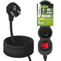 Przedłużacz Sieciowy Kabel z Uziemieniem Listwa Zasilająca 3 Gniazda 3m Włącznik ON/OFF Czarny Sznur Lendo Lumiled