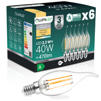 6x Żarówka LED E14 Świeczka BA35 2,2W 470lm = 40W 2700K Ciepła 360° Filament KLASA A LUMILED