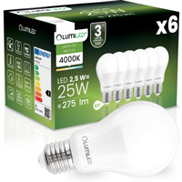 6x Żarówka LED E27 A60 2,5W = 25W 275lm 4000K Neutralna 260° LUMILED