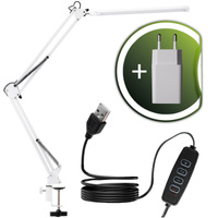 ZESTAW Lampka Biurkowa LED 8W CCT USB Ściemnialna COSMI Biała z uchwytem + Adapter USB 5V/1A DC LUMILED