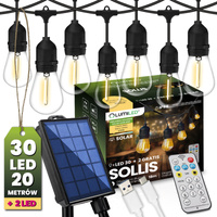 Girlanda Solarna Ogrodowa 30x  LED Ozdobne Żarówki 20m + PILOT IP65 2700K Ciepła SOLLIS LUMILED
