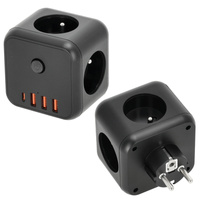 Rozgałęźnik LINEA PRO CUBE 3x230V Uziemienie Wyłącznik + 4xUSB Czarny KOBI