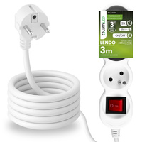 Przedłużacz Sieciowy Kabel z Uziemieniem Listwa Zasilająca 3 Gniazda 3m Włącznik ON/OFF Biały Sznur Lendo Lumiled