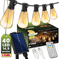 Girlanda Solarna Ogrodowa 40x LED Ozdobne Żarówki 14,5m 2700K Ciepła + Pilot PYRIS LUMILED