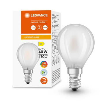 Żarówka LED Kulka E14 P45 3,4W = 40W 470lm 4000K Neutralna 300° CRI90 Filament Mleczna Ściemnialna LEDVANCE Superior