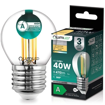 Żarówka LED E27 Kulka P45 2,2W 470lm = 40W 2700K Ciepła 360° Filament KLASA A LUMILED
