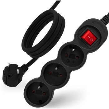 Przedłużacz Sieciowy Kabel z Uziemieniem Listwa Zasilająca 3 Gniazda 1.5m Włącznik ON/OFF Czarny Sznur Lendo Lumiled