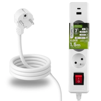 Przedłużacz Sieciowy Kabel z Uziemieniem Listwa Zasilająca 3 Gniazda 1.5m Włącznik ON/OFF Biały USB + USB-C Sznur ELGER Lumiled