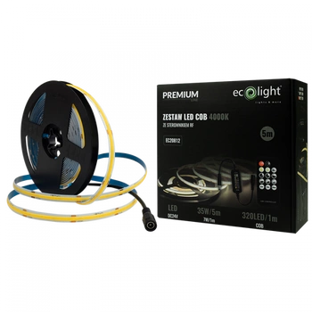 Taśma LED Pasek COB 7W/m 630lm/m 320LED/m 24V 4000K Neutralna IP20 Rolka 5m + Zasilacz + Pilot Ecolight