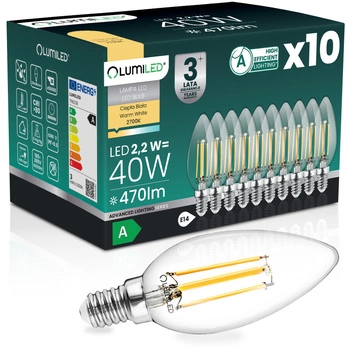 10x Żarówka LED E14 Świeczka B35 2,2W 470lm = 40W 2700K Ciepła 360° Filament KLASA A LUMILED