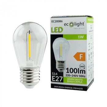 Żarówka LED Edison S14 E27 1W 100lm 2700K Ciepła FILAMENT Ecolight