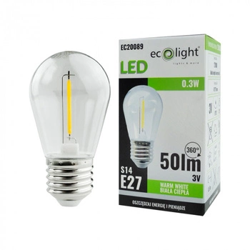 Żarówka LED Edison S14 E27 0.3W 50lm 2700K Ciepła 3V FILAMENT Ecolight