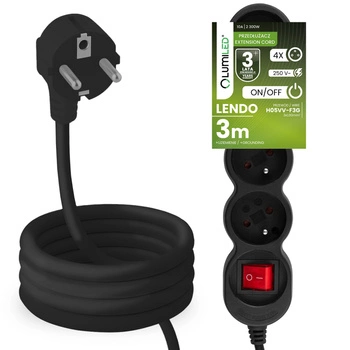 Przedłużacz Sieciowy Kabel z Uziemieniem Listwa Zasilająca 4 Gniazda 3m Włącznik ON/OFF Czarny Sznur Lendo Lumiled
