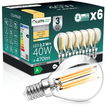 6x Żarówka LED E14 Kulka P45 2,2W 470lm = 40W 2700K Ciepła 360° Filament KLASA A LUMILED