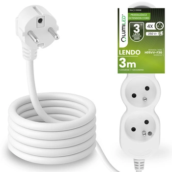 Przedłużacz Sieciowy Kabel z Uziemieniem Listwa Zasilająca 4 Gniazda 3m Biały Sznur Lendo Lumiled