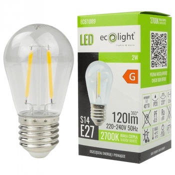 Żarówka LED Edison S14 E27 2W 120lm 2700K Ciepła FILAMENT Ecolight