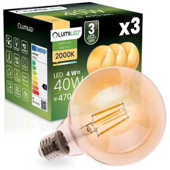 3x Żarówka LED E27 Kula G95 4W = 40W  470LM 2000K Ciepła 360° Bursztynowa Filament LUMILED