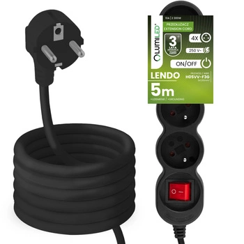 Przedłużacz Sieciowy Kabel z Uziemieniem Listwa Zasilająca 4 Gniazda 5m Włącznik ON/OFF Czarny Sznur Lendo Lumiled
