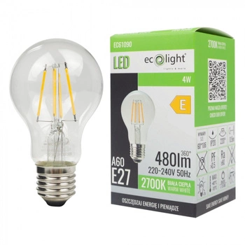 Żarówka LED A60 E27 4W 480lm 2700K Ciepła FILAMENT Ecolight