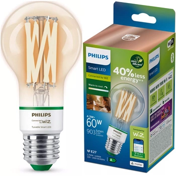 Żarówka LED E27 A60 4.3W = 60W 903lm 2700-4000K TW FILAMENT UltraEfficient Inteligentna SMART WiFi Bluetooth Aplikacja WiZ Philips